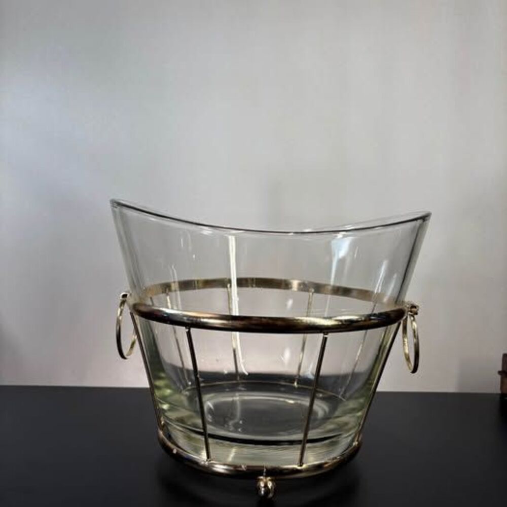 Mid-Century Glass Ice Bucket with Brass Wire Caddy and Ring Handles